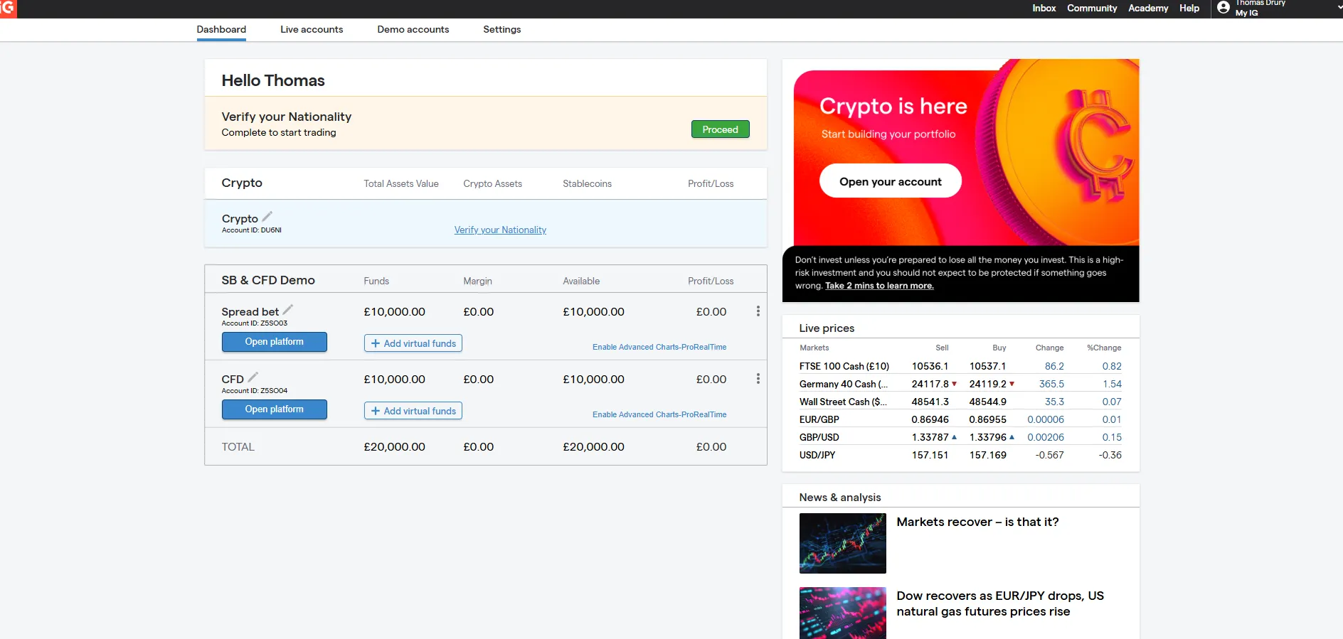 IG Australia account dashboard showing spread bet and CFD account overview with available funds