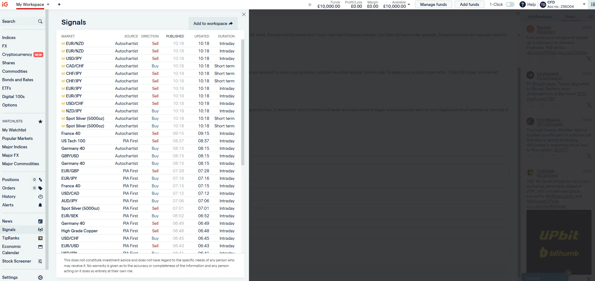 IG Australia Autochartist trading signals showing multi-asset bull and bear patterns during our hands-on platform testing