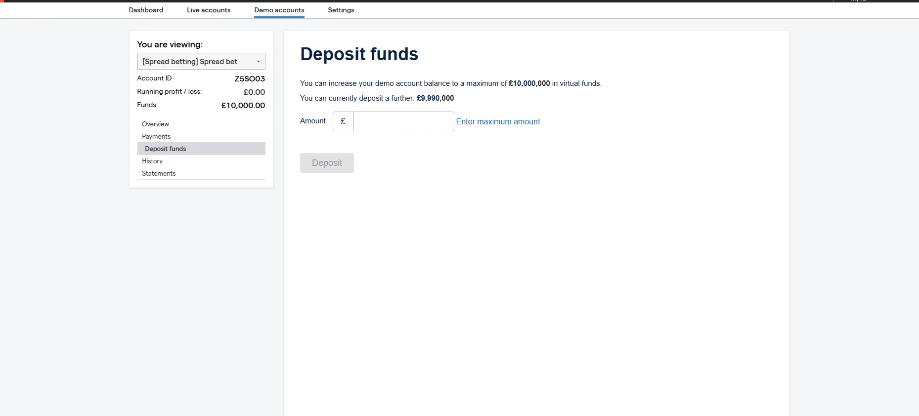 IG Australia demo account deposit page showing virtual funds available for risk-free practice trading