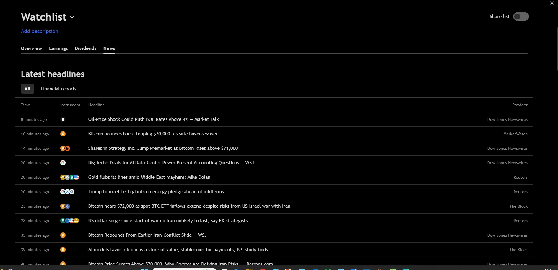 Pepperstone watchlist news feed showing latest headlines from Reuters and MarketWatch to help traders stay informed on market events