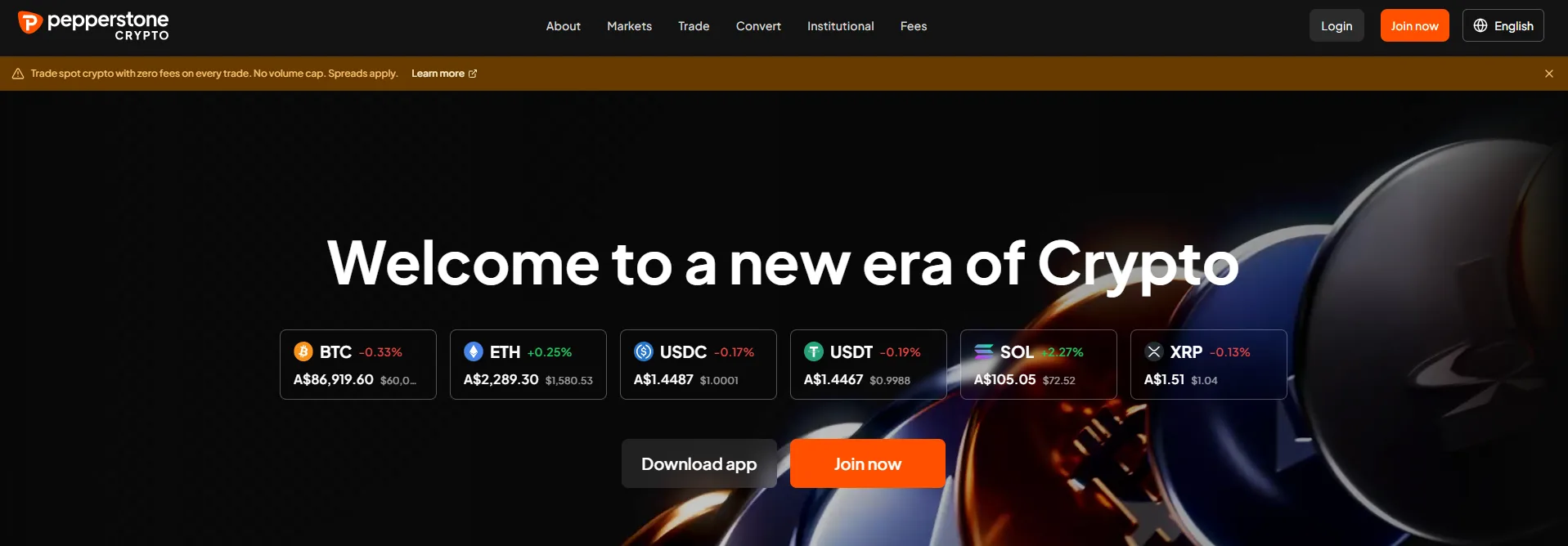 pcrypto.com homepage showing BTC, ETH, USDC, USDT, SOL and XRP priced in AUD
