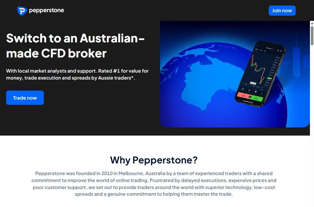 Pepperstone Australia homepage, the ASIC-regulated broker offering gold CFDs from 0.1 points