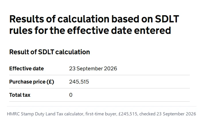 HMRC stamp duty calculator showing no tax due for a first-time buyer at £245,515