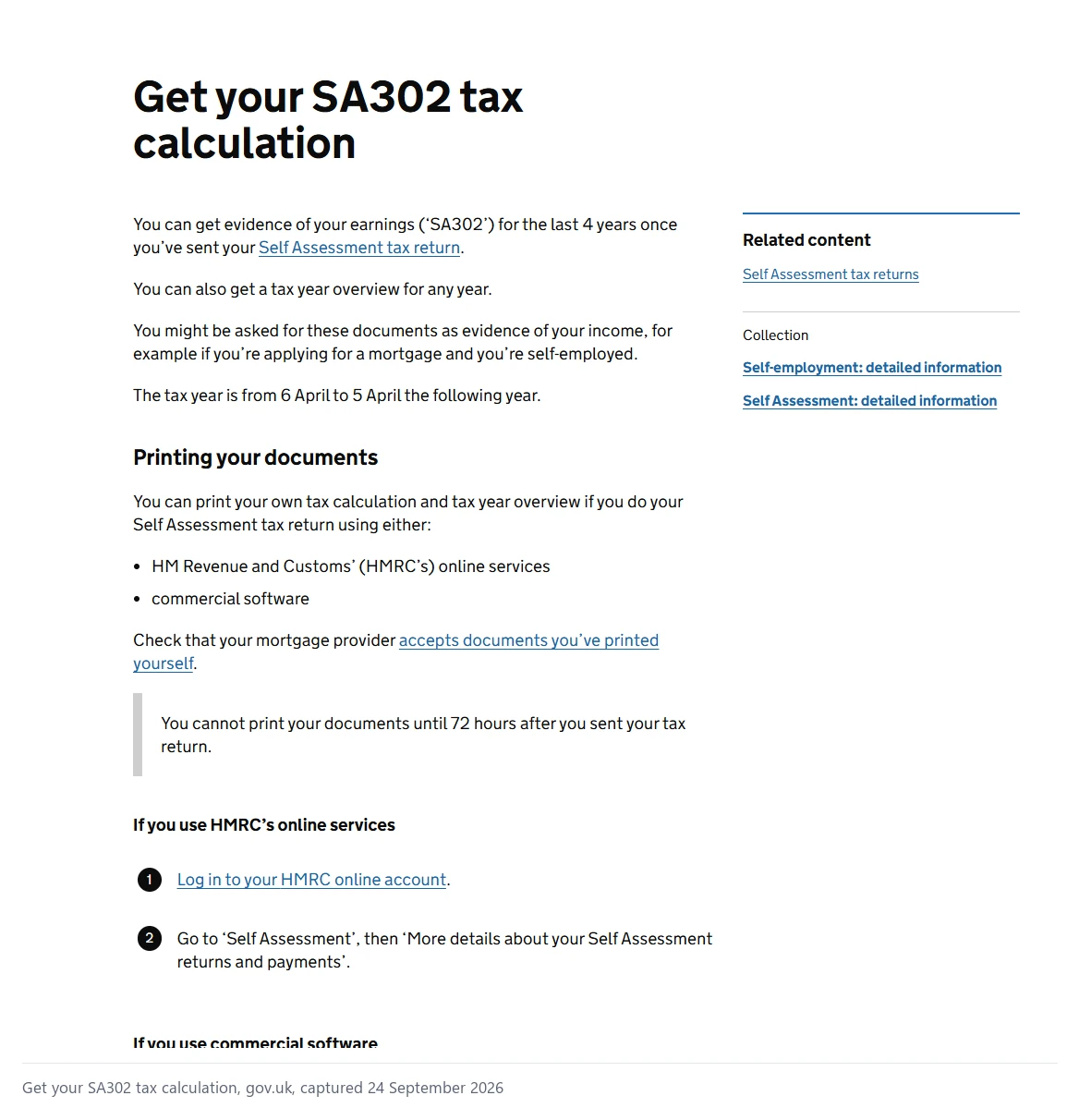 Gov.uk page for getting your SA302 tax calculation, captured September 2026