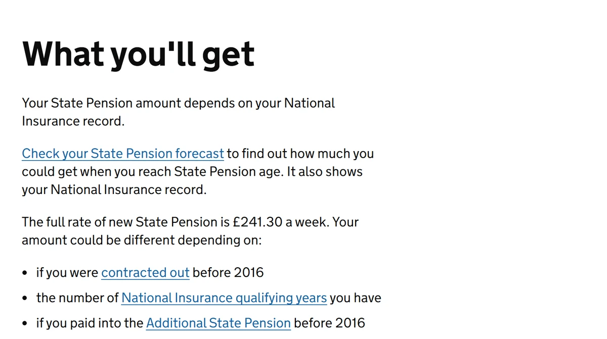 The GOV.UK new State Pension page showing the full rate of GBP241.30 a week