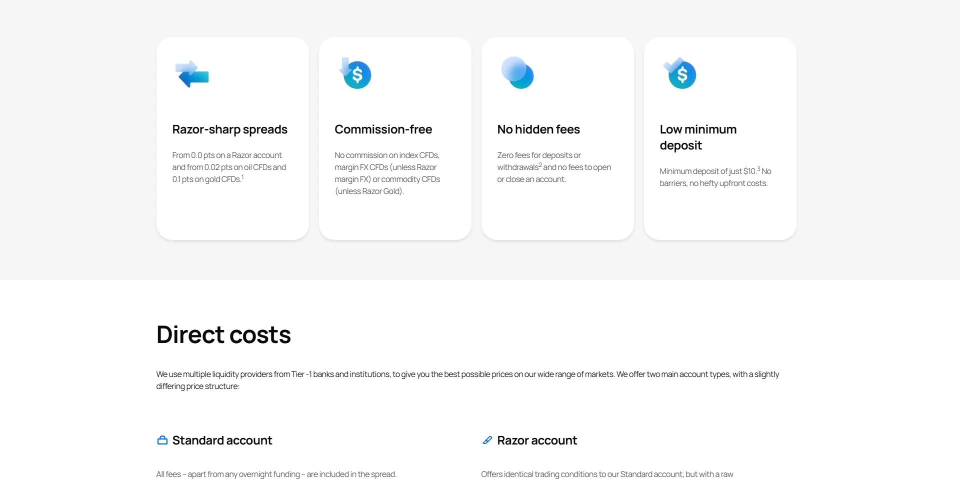 Cost cards from Pepperstone's Australian costs and fees page covering spreads, commission treatment, hidden fees and the minimum deposit, above the direct costs account comparison