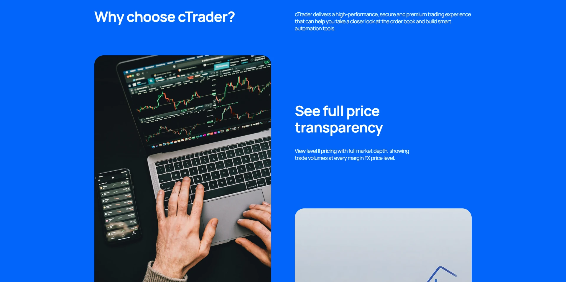 Pepperstone's Australian cTrader page under its why choose cTrader heading, promising full price transparency with level two pricing and market depth beside a photo of charts running on a laptop and phone