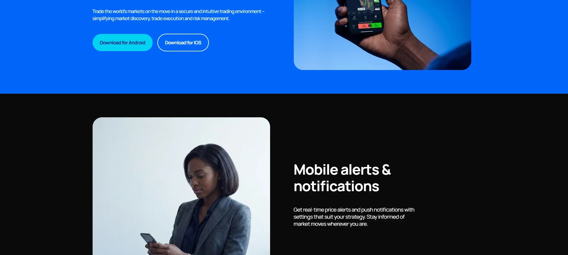 Pepperstone's Australian mobile app page with Android and iOS download buttons beside a hand holding a phone running the app, above a mobile alerts and notifications section