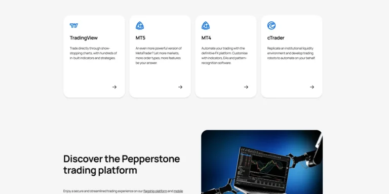 Four platform cards on Pepperstone's Australian trading platforms page introducing TradingView, MT5, MT4 and cTrader, above a heading for the broker's own trading platform
