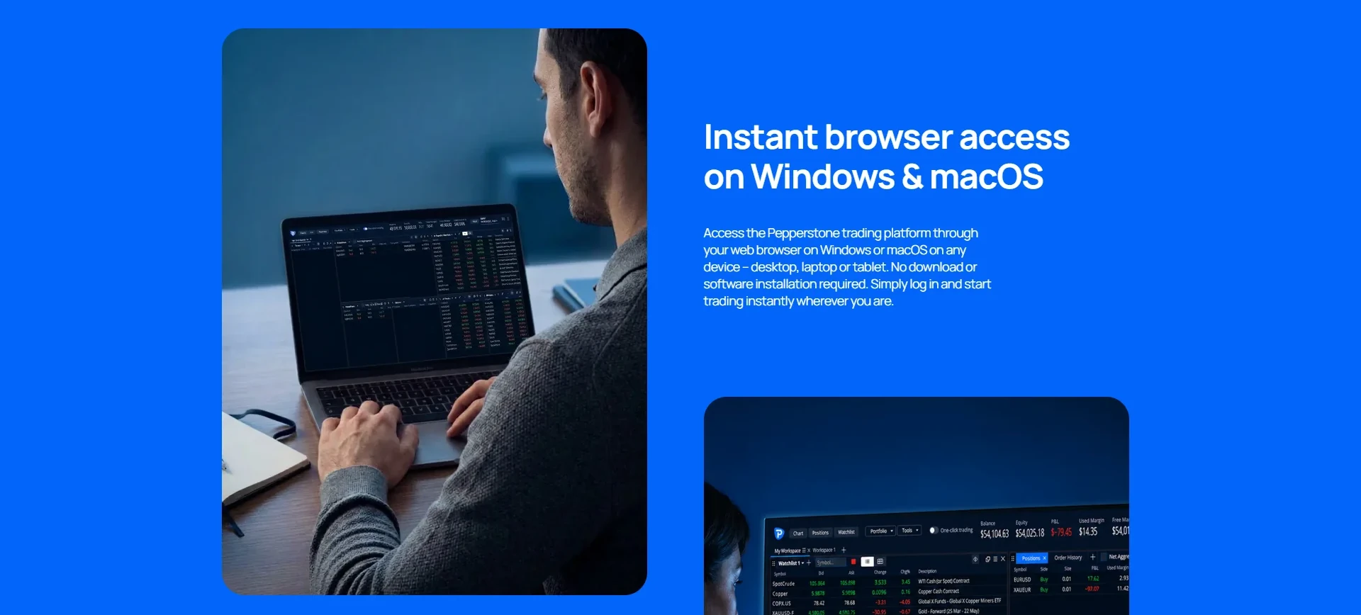 Pepperstone platform page offering instant browser access on Windows and macOS, a laptop running the web platform beside a preview of its workspace with watchlist and positions